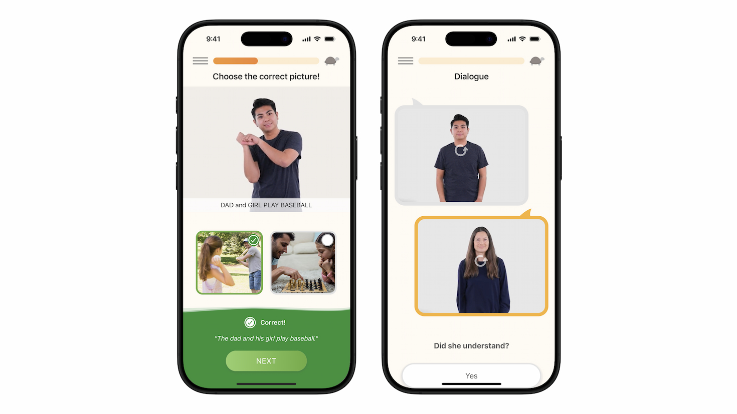 Two iPhone screenshots of the app Lingvano, in which instructors are seen teaching sign language for the phrases "Dad and girl play baseball" and "Did she understand?"