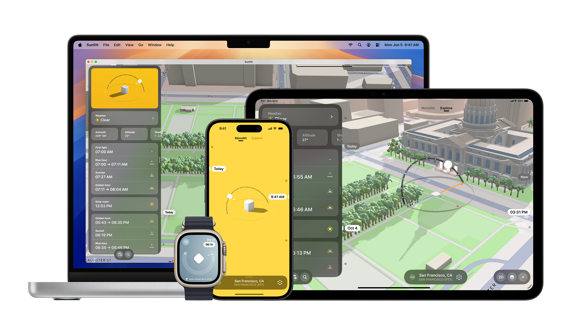 A collage of screenshots of the app Sunlitt on iPhone, iPad, Mac, and Apple Watch. Each screen shows a graphic displaying a person's location, represented by a small white cube, and the path of the sun over it.