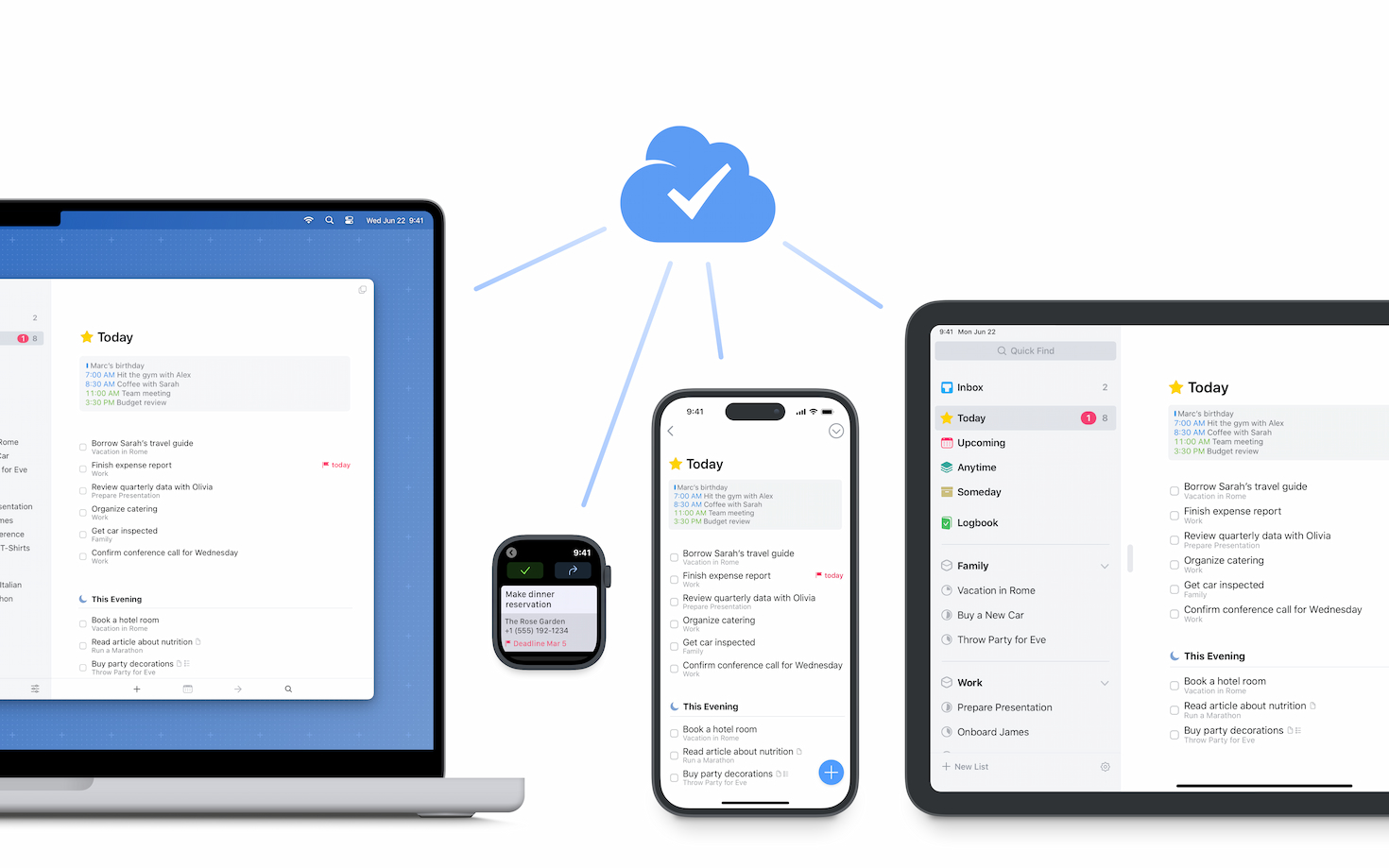 A collage of screenshots of the app Things, seen on the Mac, Apple Watch, iPhone, and iPad. Above the collage is the logo for Things Cloud, a white check mark against a light blue cloud illustration.