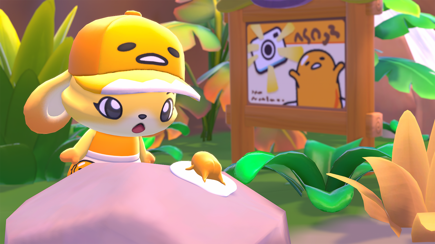A screenshot from Hello Kitty Island Adventure, showing a character in a yellow shirt and yellow hat looking at a small yellow animal on a pink rock.