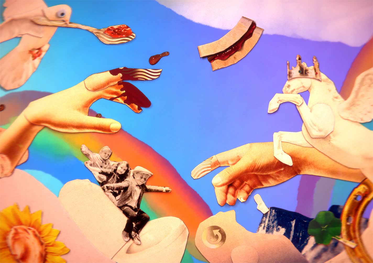 A collage of elements from the game PBJ — The Musical, which are all cut out from print publications and arranged wildly against a sky-blue background with a rainbow on it. Some elements include a horse with wings wearing a crown, children sliding, a sandwich, and a sunflower.
