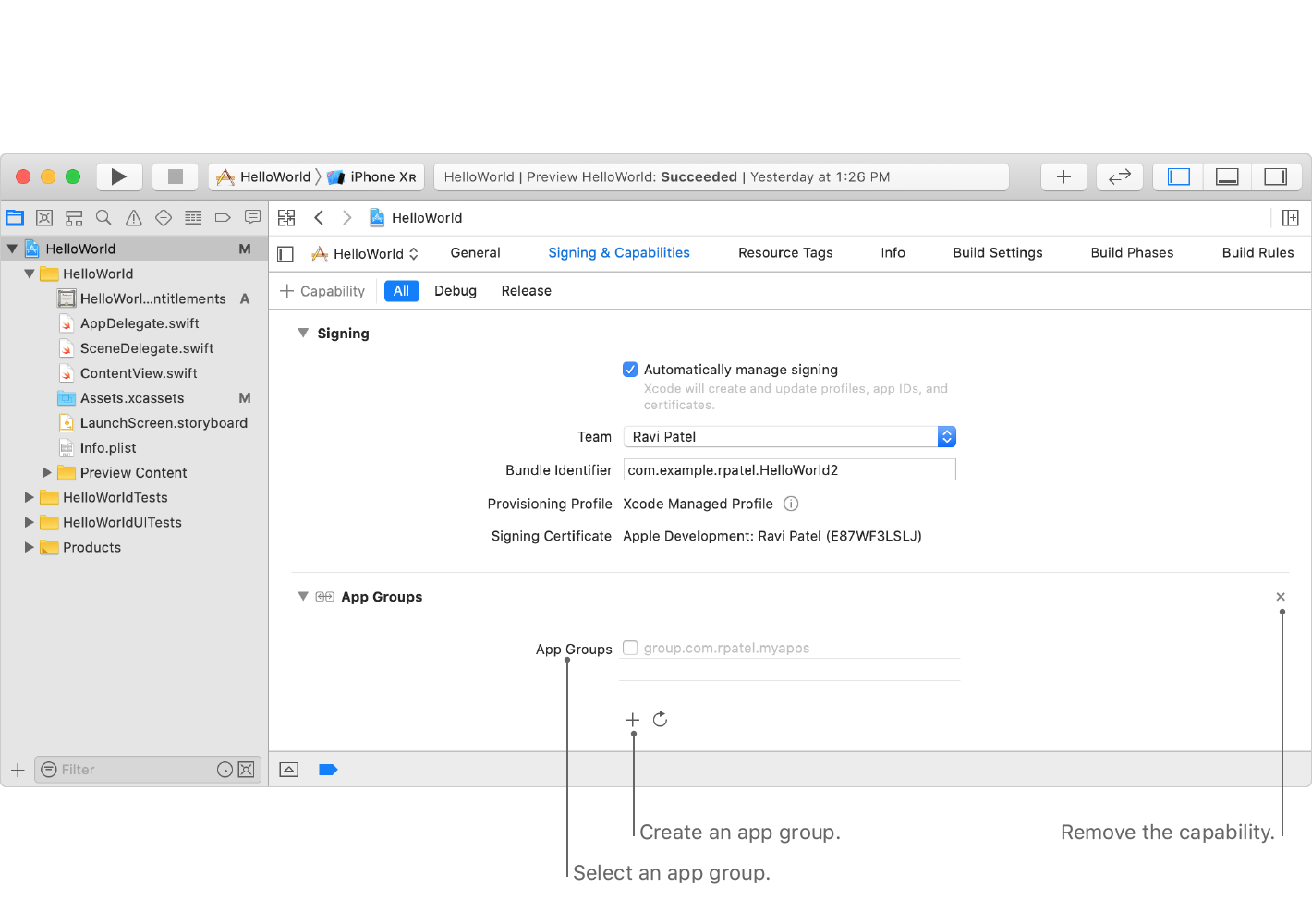 截屏显示了“Signing & Capabilities”(签名和功能) 面板,其中添加了“App Groups”(App 小组) 功能,并显示了用于选择和创建 App 小组的控件,以及用于移除功能的按钮。