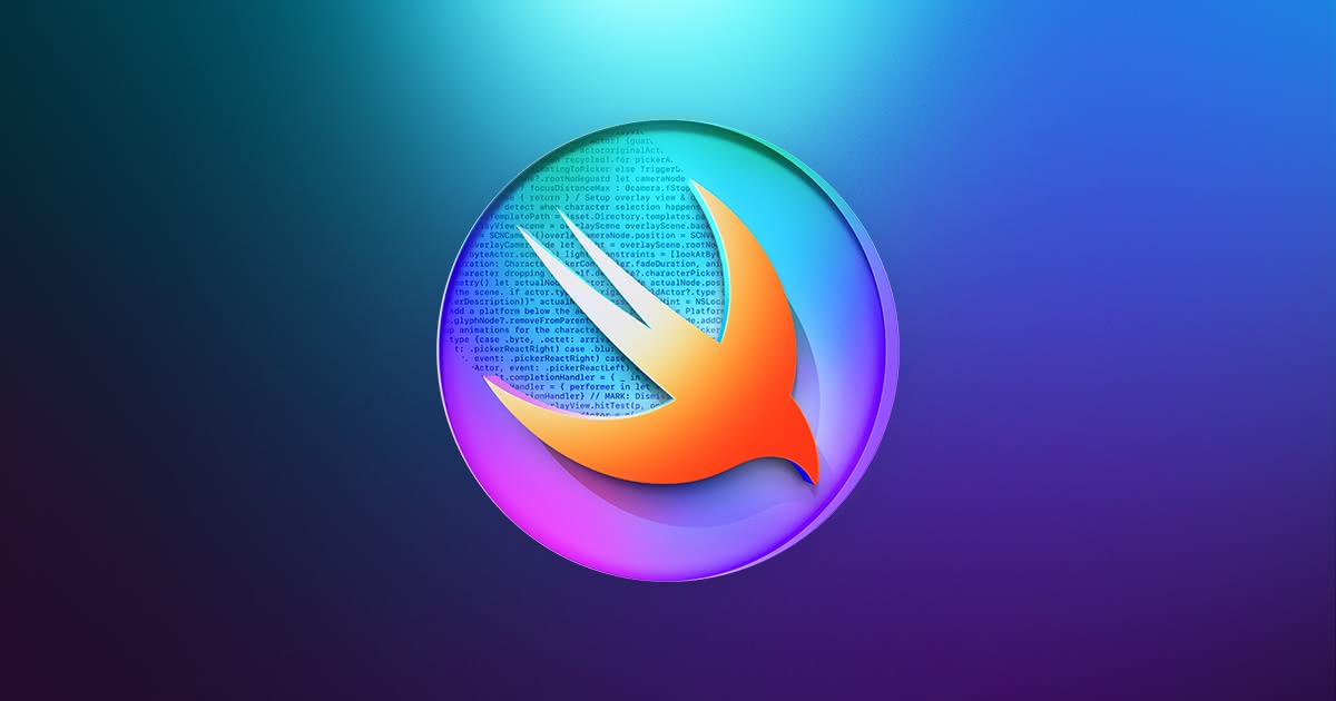 Swift logo with programming code overlay
