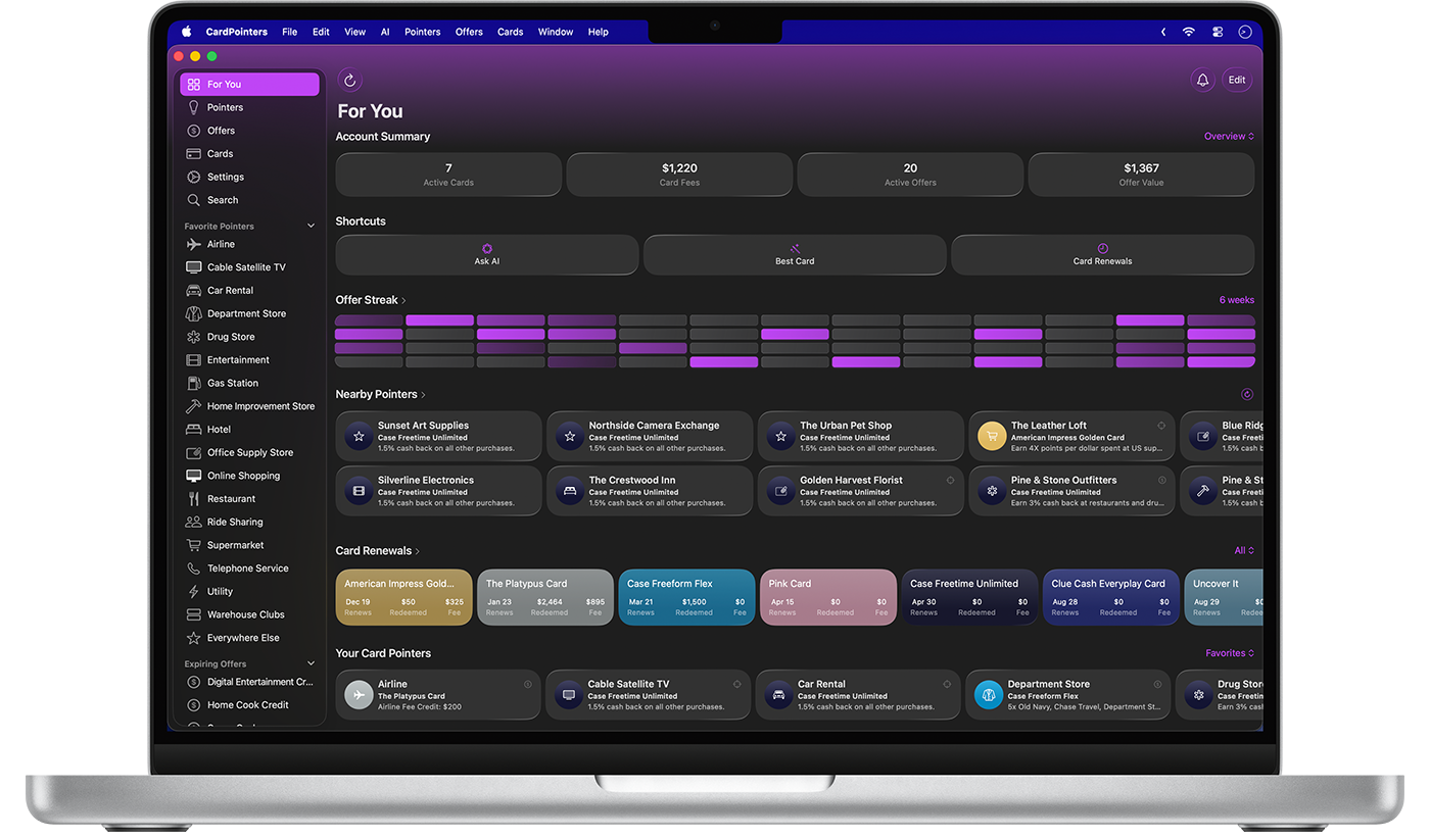 CardPointers interface on Mac showing card rewards