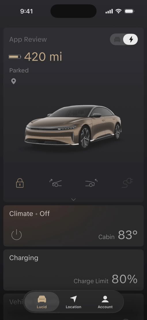 Lucid Motors app with Liquid Glass controls