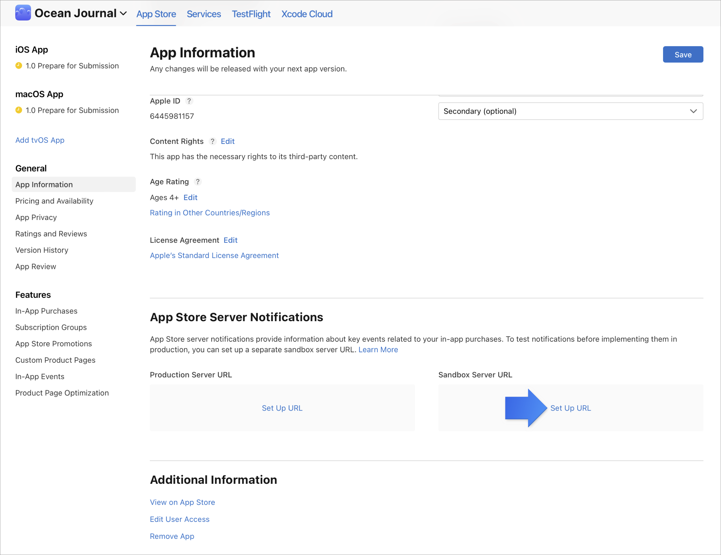 Screenshot of the App Store Server Notifications section on the App Information page. An arrow points to the 'Set Up URL' link for Sandbox Server URL.