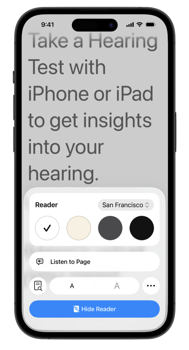 Screenshot of an iPhone displaying enlarged text. A Reader settings overlay is visible, with buttons to increase and decrease the font size.
