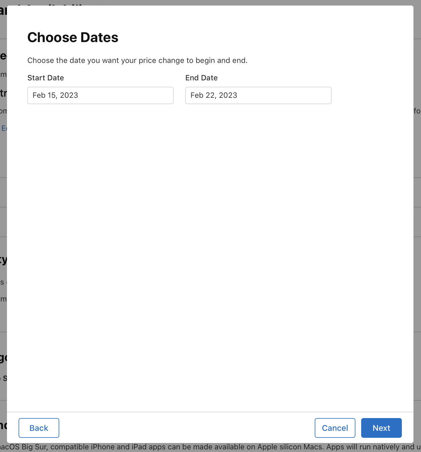 Screenshot of the Choose Dates dialog, where there are fields to enter a start date and an end date. At the bottom of the dialog, the Back button is on the left, and the Cancel and Next buttons are on the right.