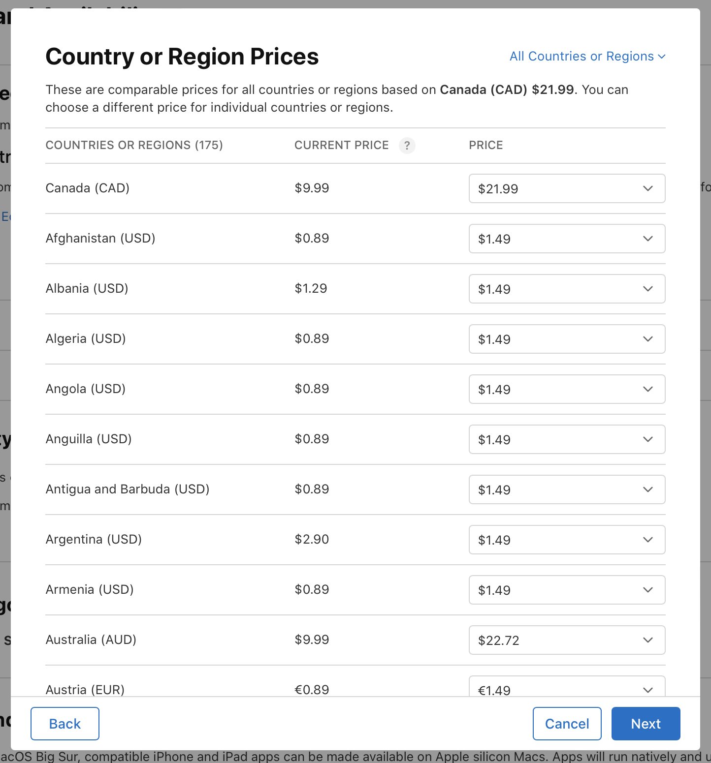 Screenshot of the Country or Region Prices dialog, where comparable prices for all other countries or regions are listed. Each prices are editable. At the bottom of the dialog, the Back button is on the left, and the Cancel and Next buttons are on the right.