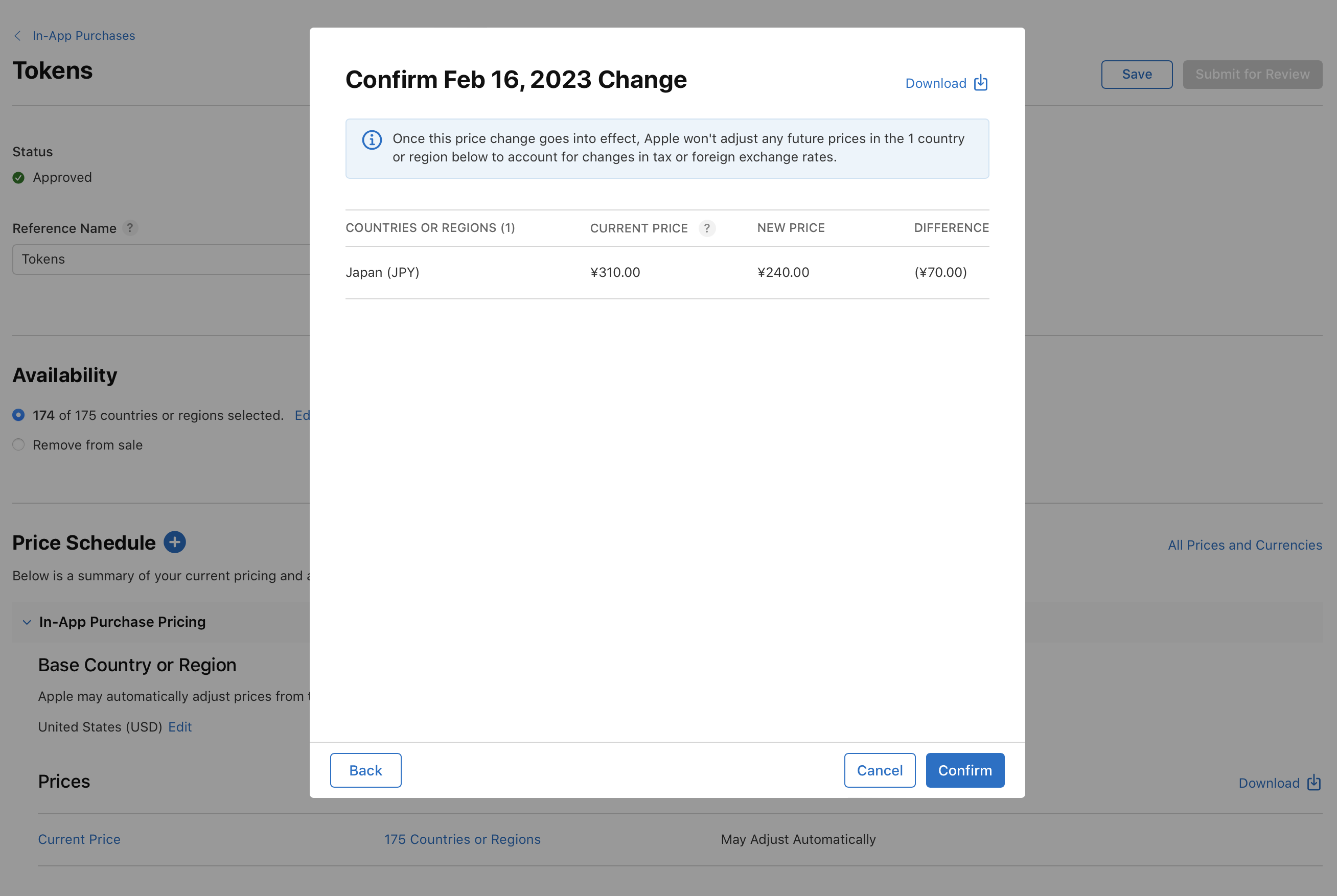 가격 확인 팝업 창을 보여주는 스크린샷입니다. 일본의 현재 가격은 ¥310.00이며, 새 가격은 ¥240.00입니다. 차액은 -¥70.00로 표시되어 있습니다. 이 국가 또는 지역에 대해 향후 세금 또는 환율 변동에 따른 가격 조정은 Apple이 진행하지 않는다는 경고 메시지가 표시되어 있습니다. 탐색 버튼에는 “뒤로”, “취소” 및 “확인”이 포함되어 있습니다.