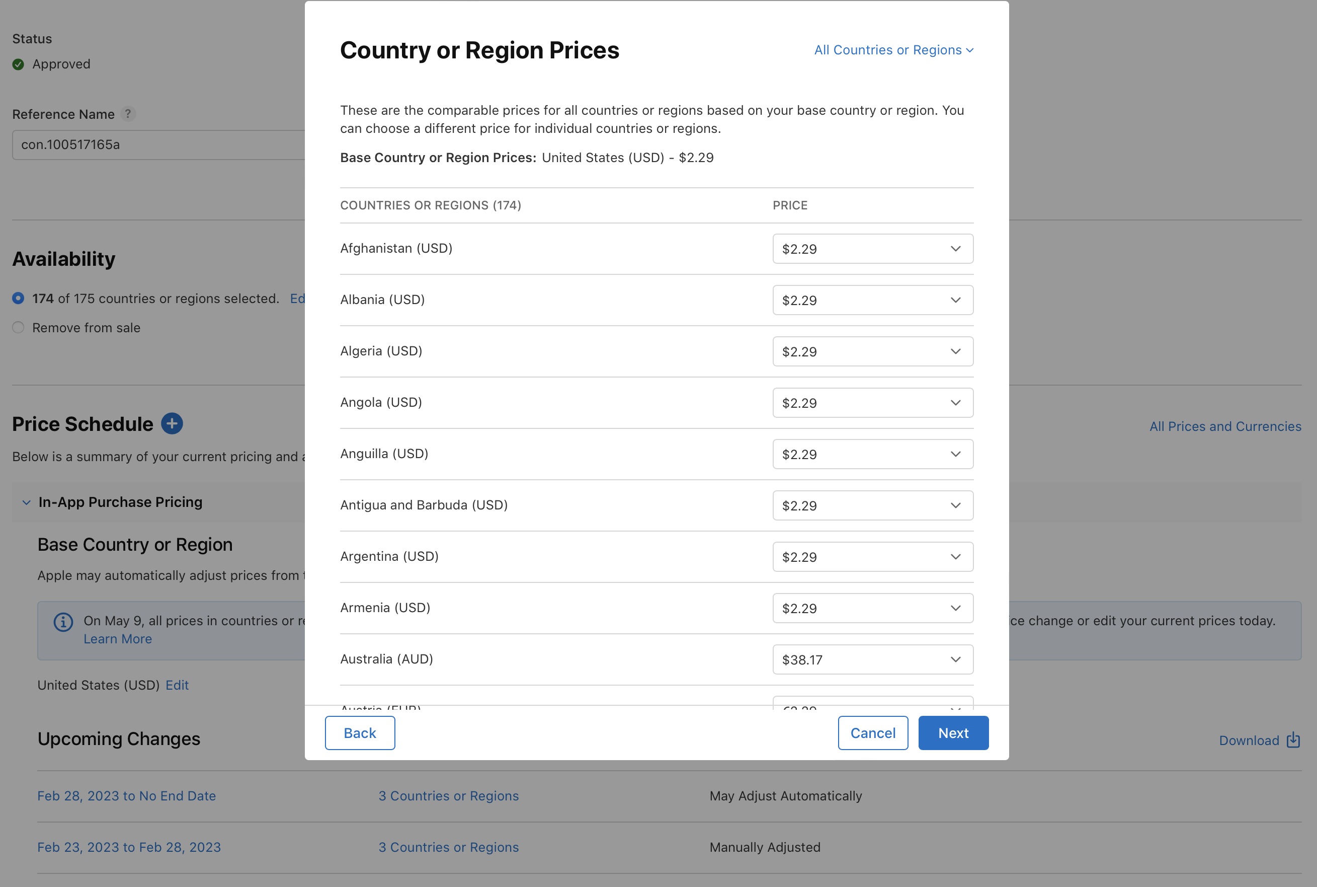 Screenshot of App Store Connect interface for managing In-App Purchase prices by country or region. Shows a list of countries or regions with current prices in USD and a dropdown for selecting different prices. Includes navigation buttons Back, Cancel, and Next.