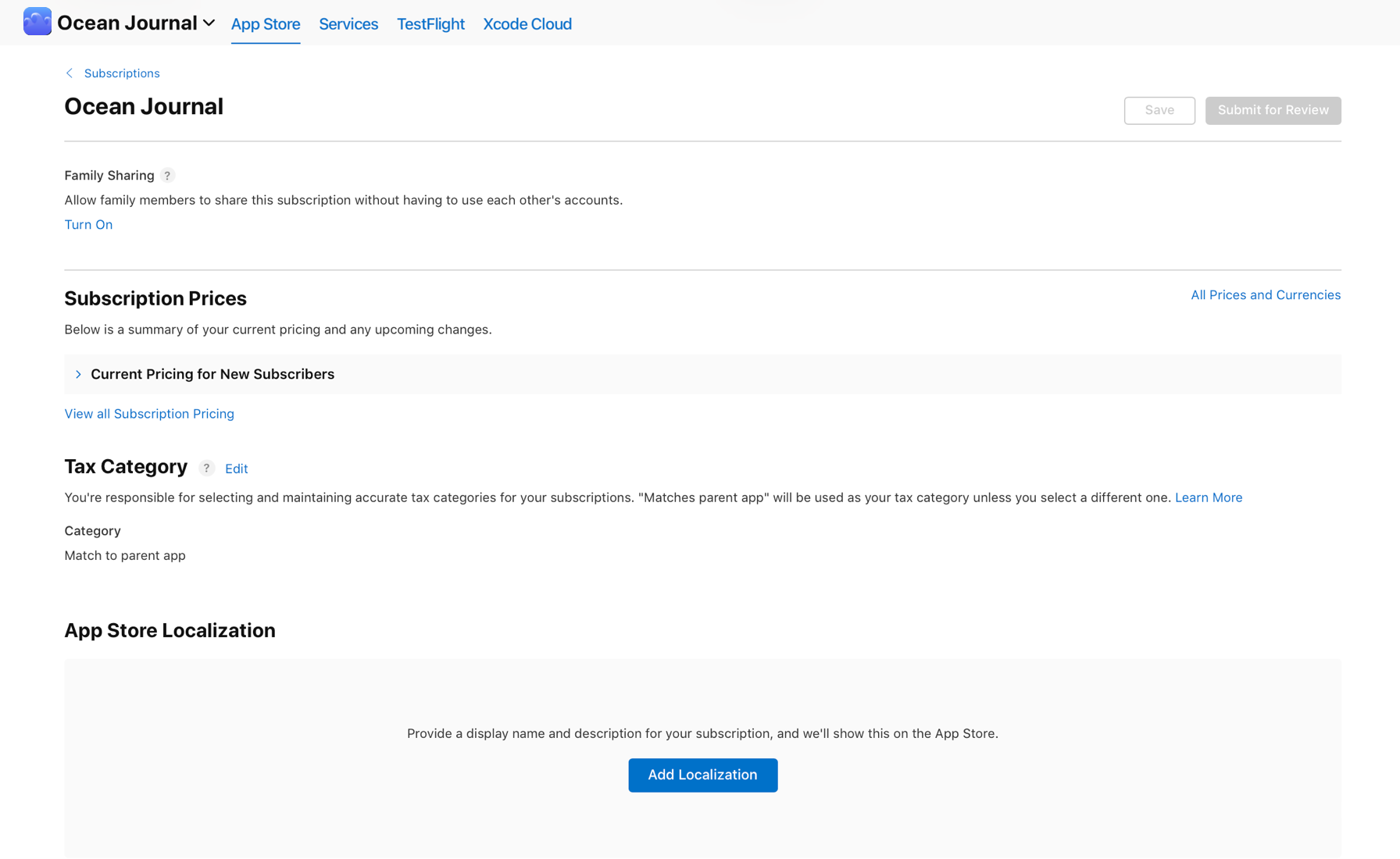 Screenshot of Subscription detail page. Below Family Sharing section, there is a link to turn it on.