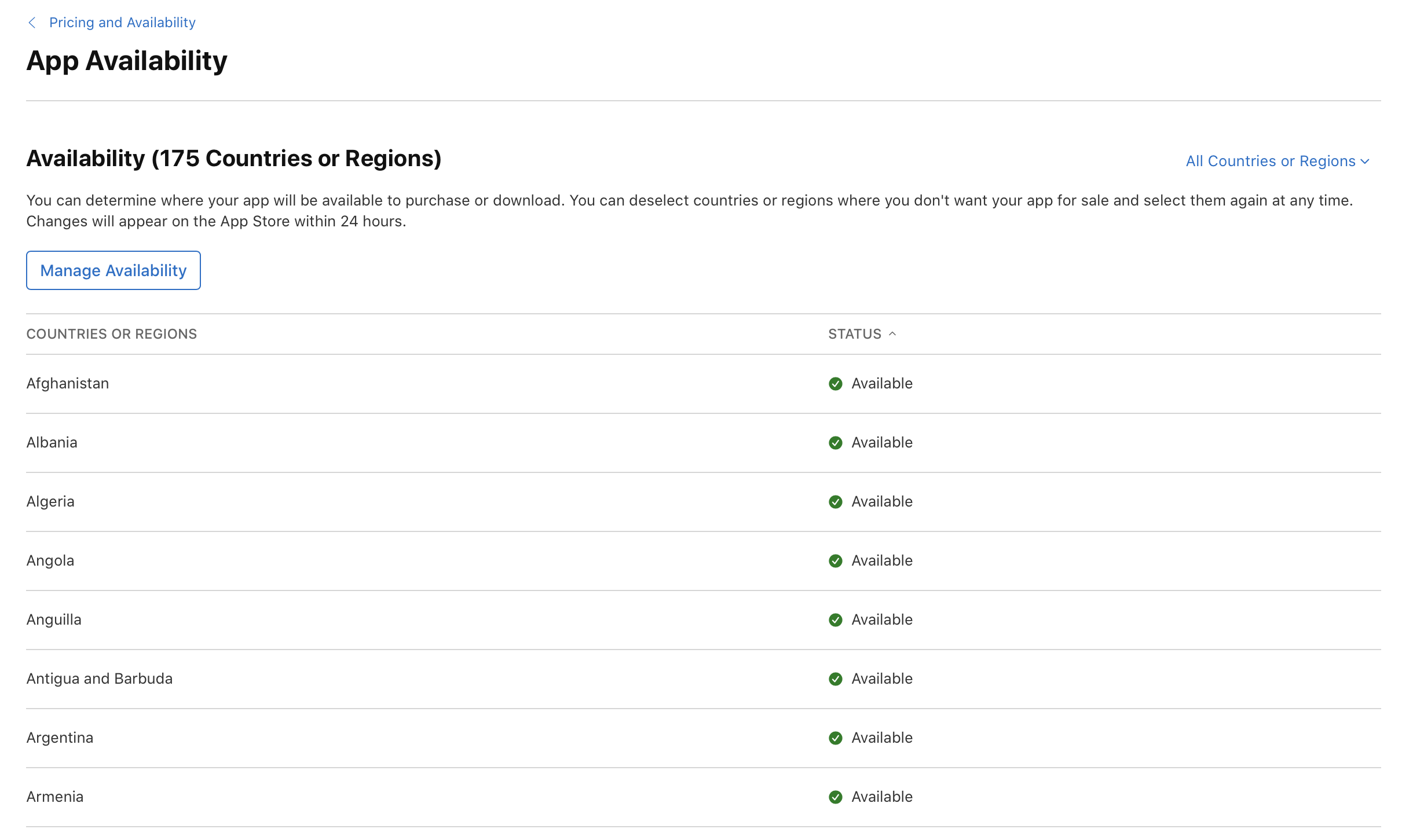 「アプリの配信状況」ページのスクリーンショット。「配信状況(175の国または地域)」セクションに「配信状況を管理」ボタンが表示されています。