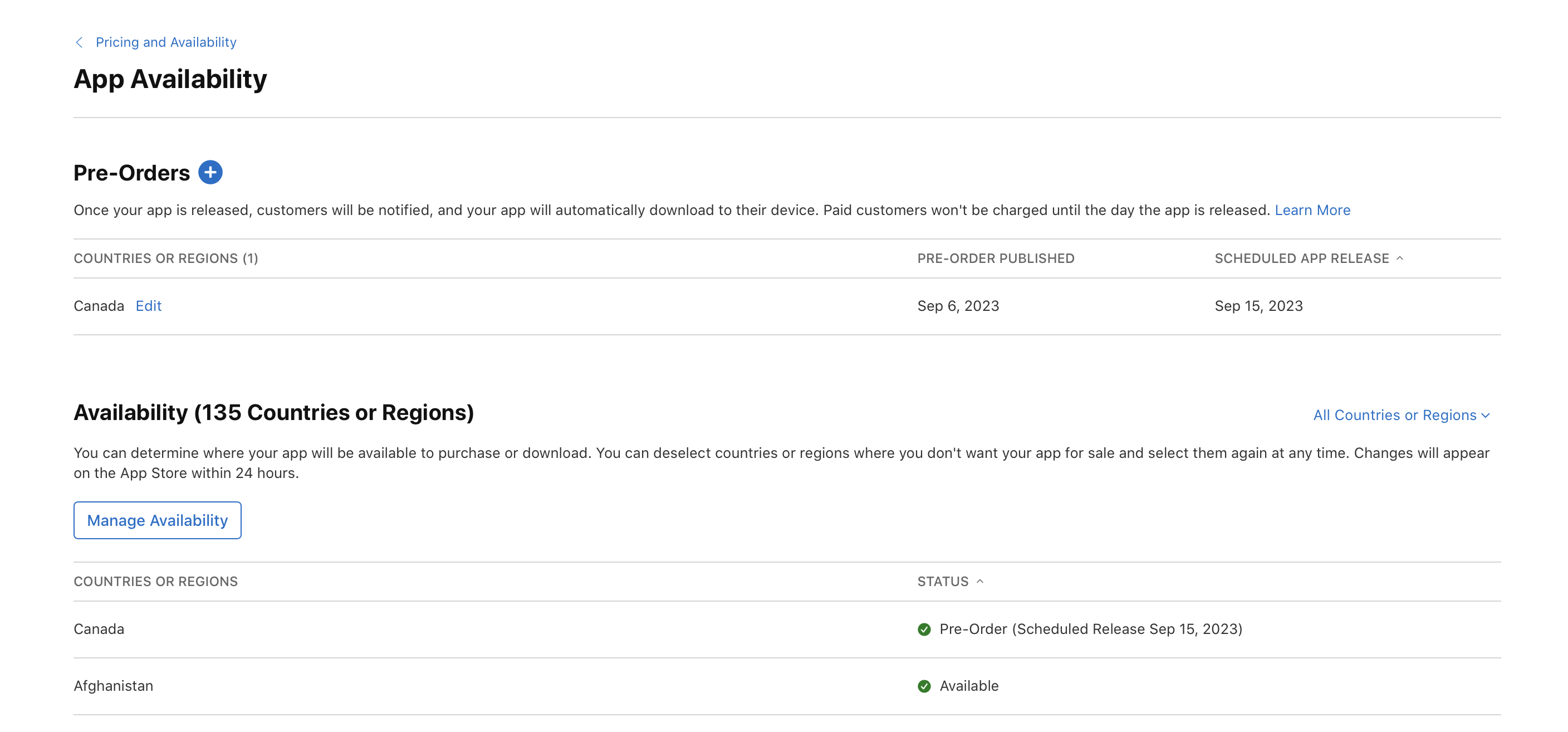 截屏为“App 供应情况”页面，其中“预购”部分列出了加拿大，旁边有一个“编辑”按钮。