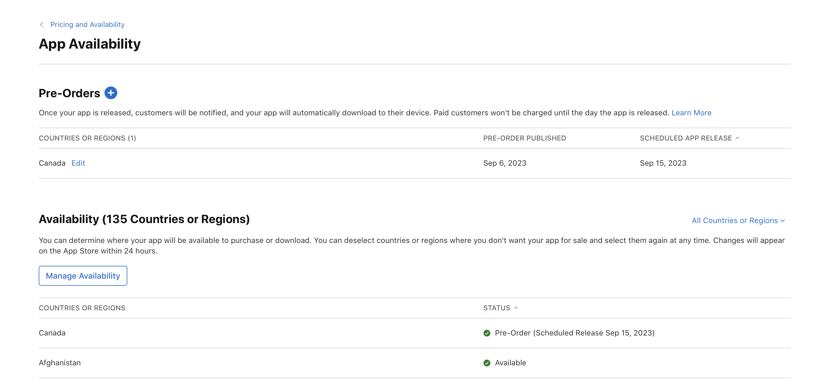 截屏为“App 供应情况”页面，其中“预购”部分列出了加拿大，旁边有一个“编辑”按钮。
