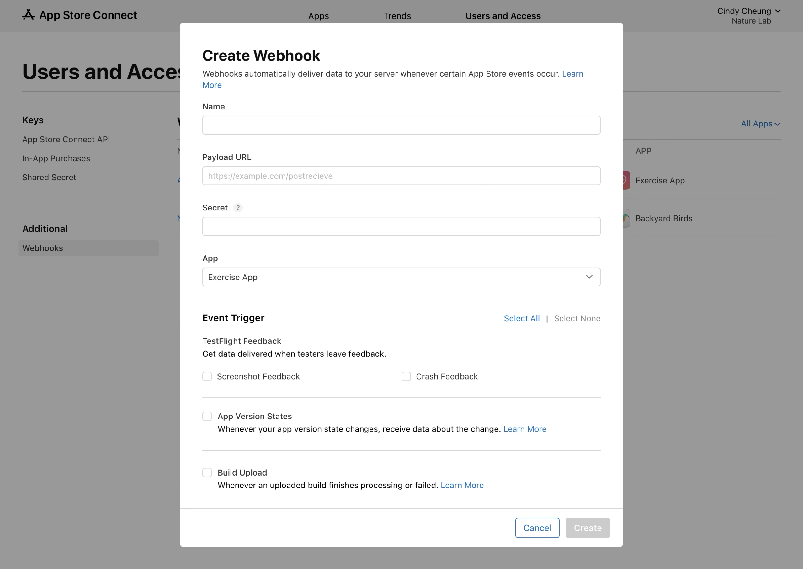 Screenshot of a form that includes fields labeled Name, Payload URL, Secret, and App with dropdown menu. Includes event trigger options.