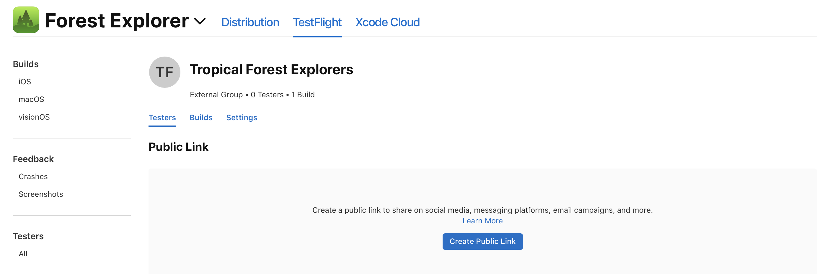 Screenshot of the App Store Connect page in the TestFlight tab. Public Link dialog displays above Create Public Link button.