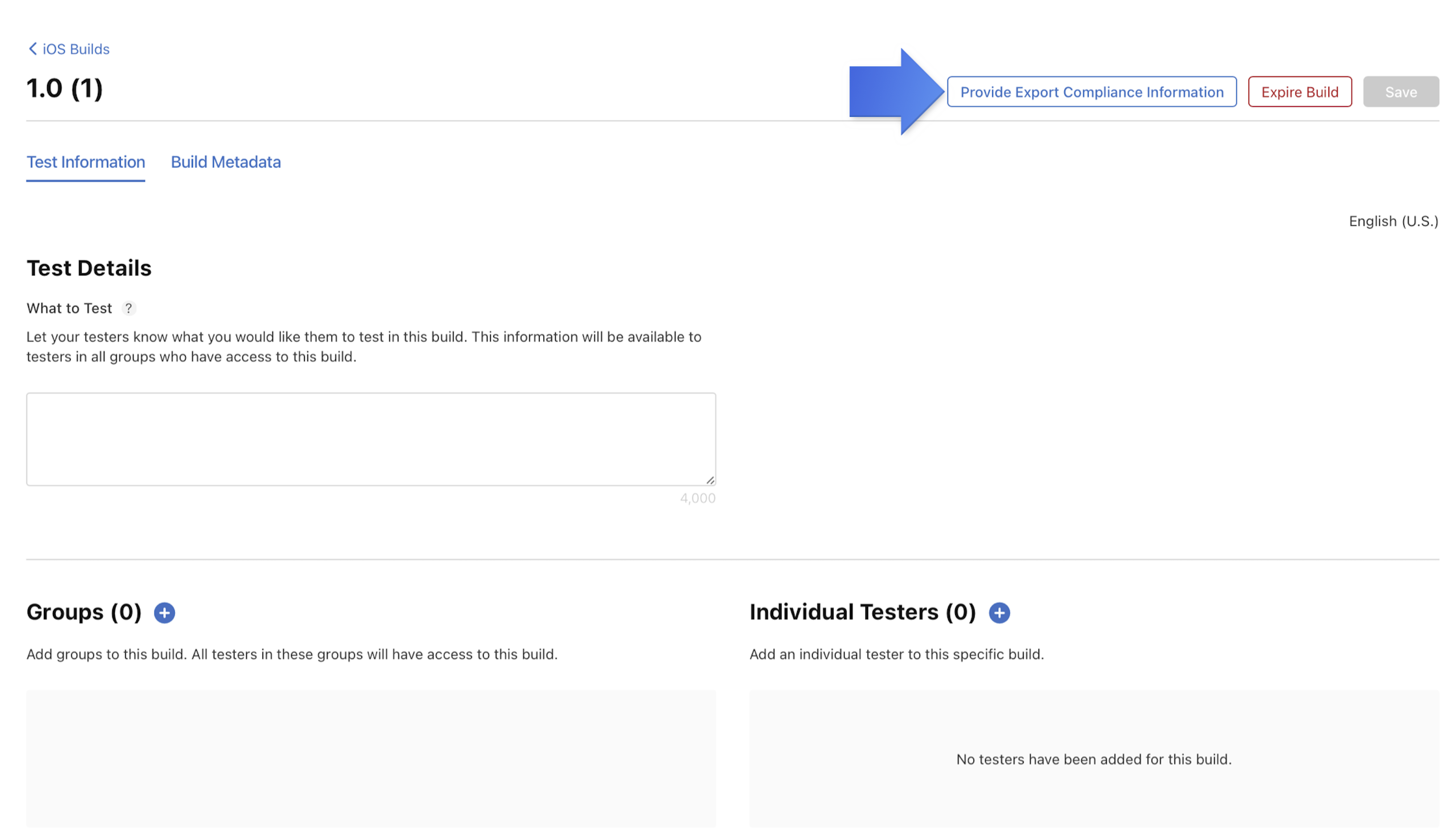 Screenshot of the Test Information tab on the Builds detail page, which has a "Provide Export Compliance Information" button located at the top right.
