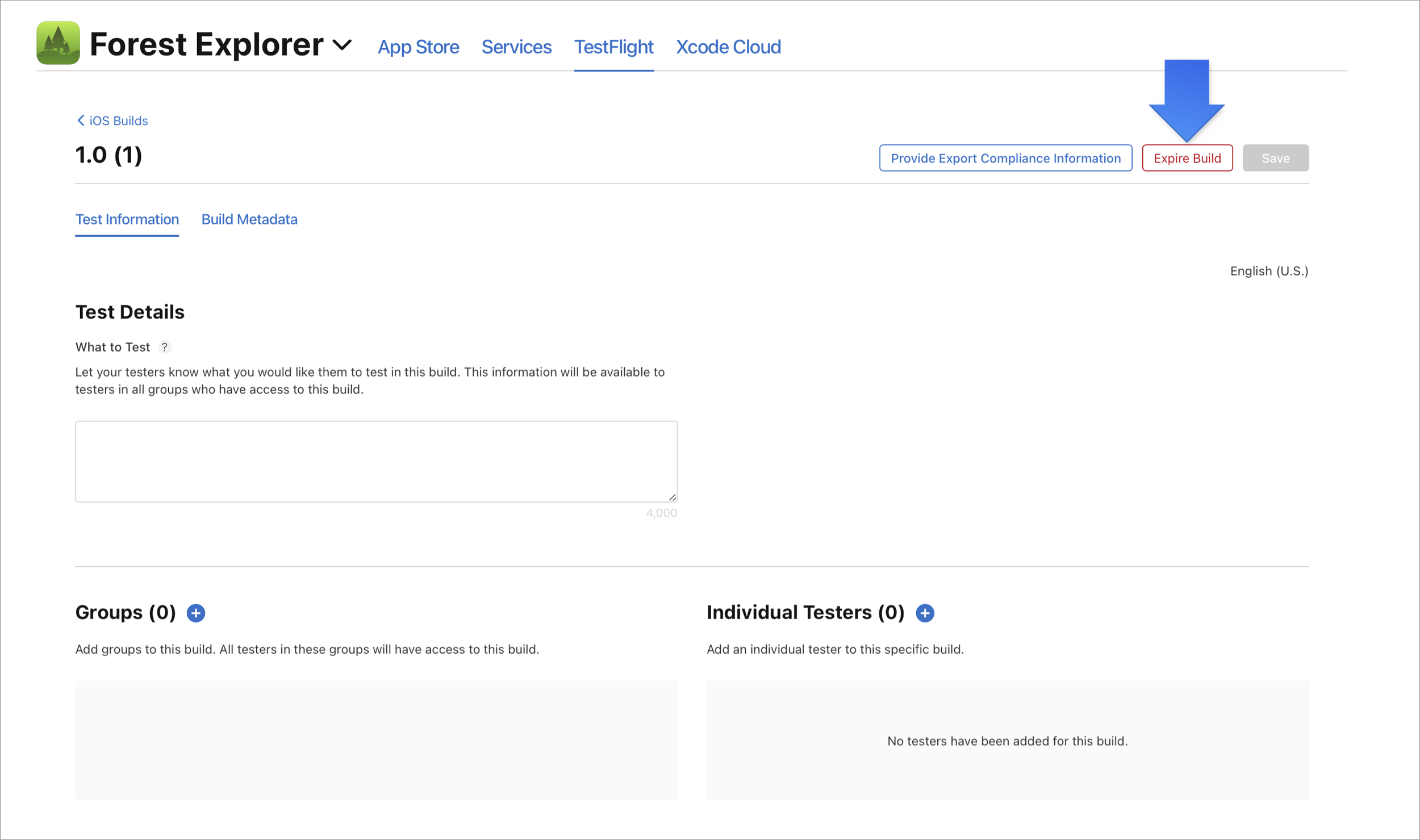Screenshot of the Test Information tab on the Builds detail page, which has an arrow pointing at the Expire Build button located at the top right.