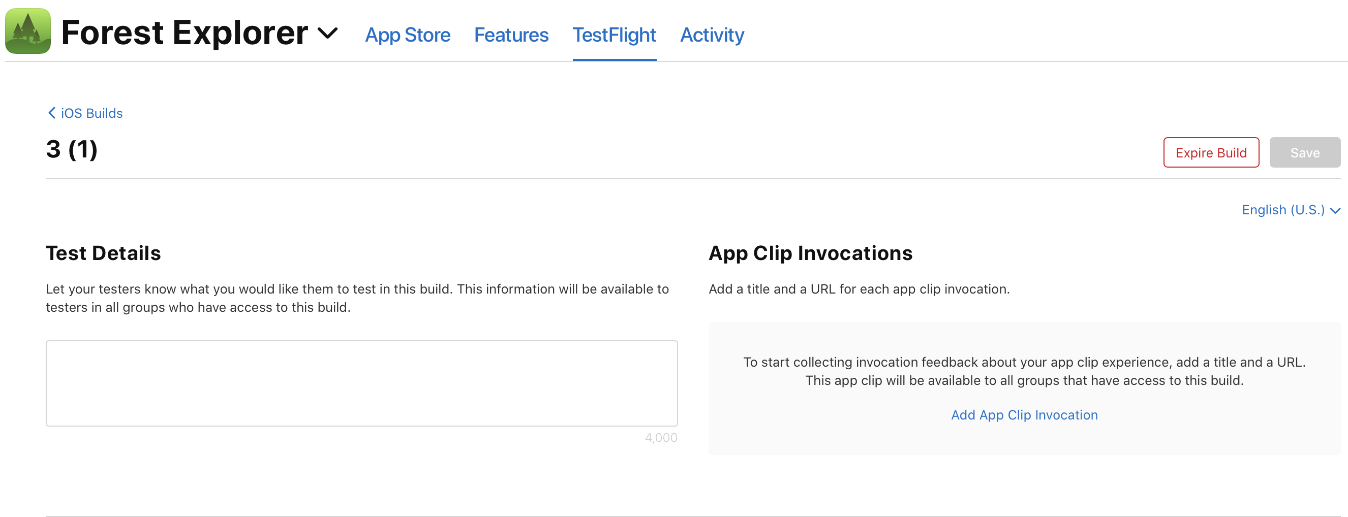 Screenshot of the Build detail page, the App Clip Invocations section has a clickable Add App Clip Invocation link