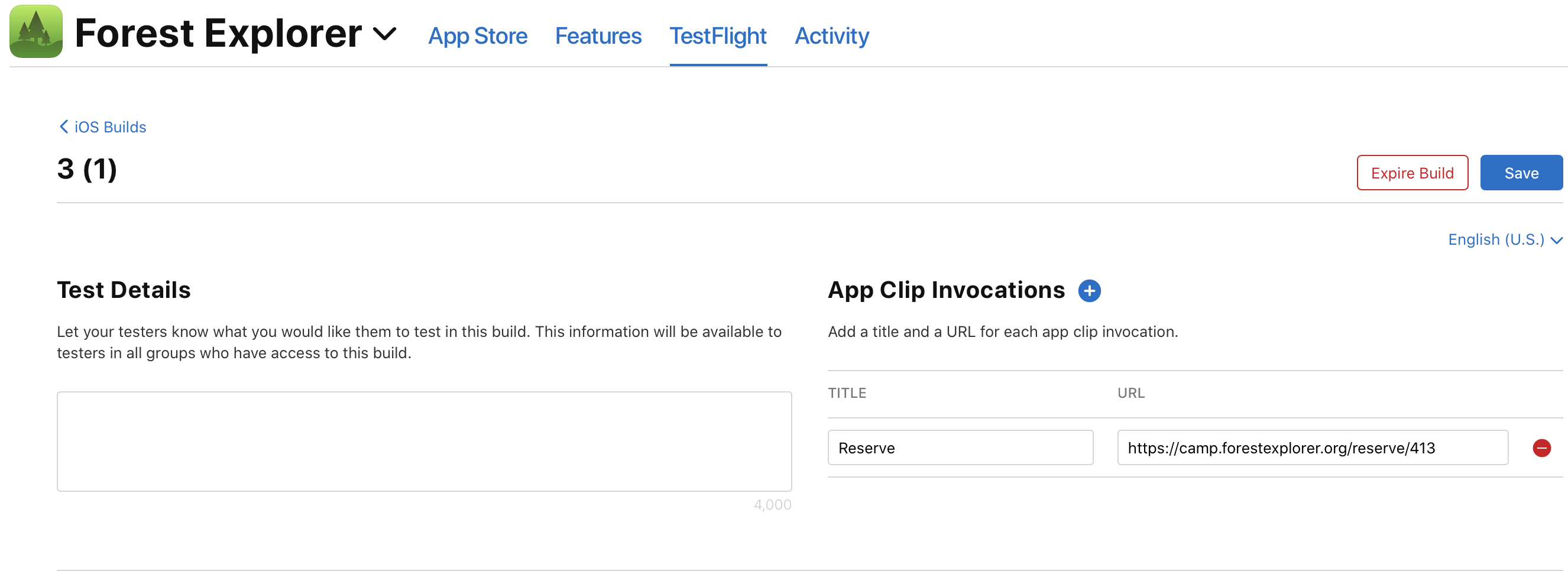 Screenshot of the Build detail page, where the App Clip Invocations section lists the app clip invocations you’ve added, with a Delete button displayed next to each.