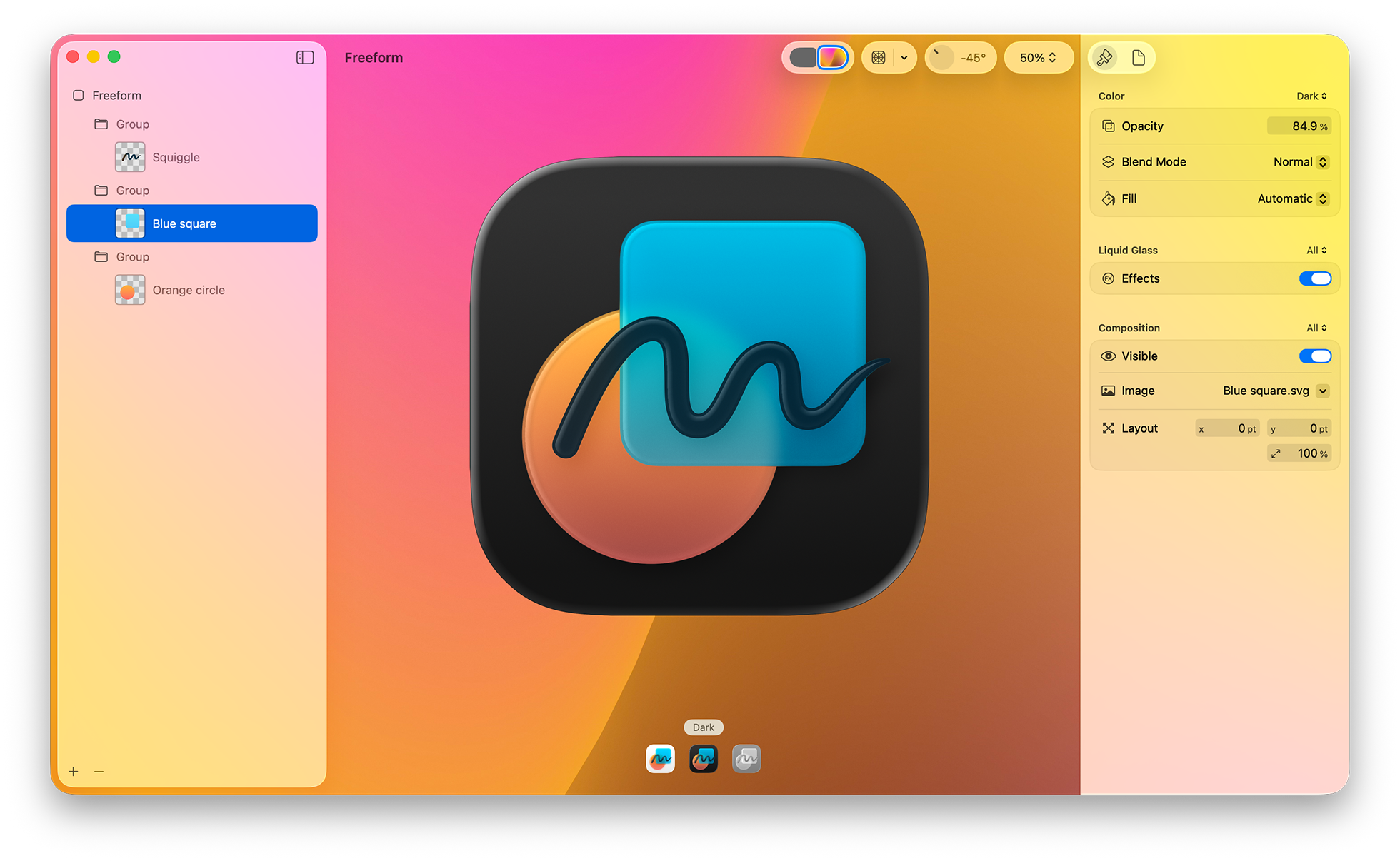 Dark theme preview showing the Icon Composer interface with dark styling