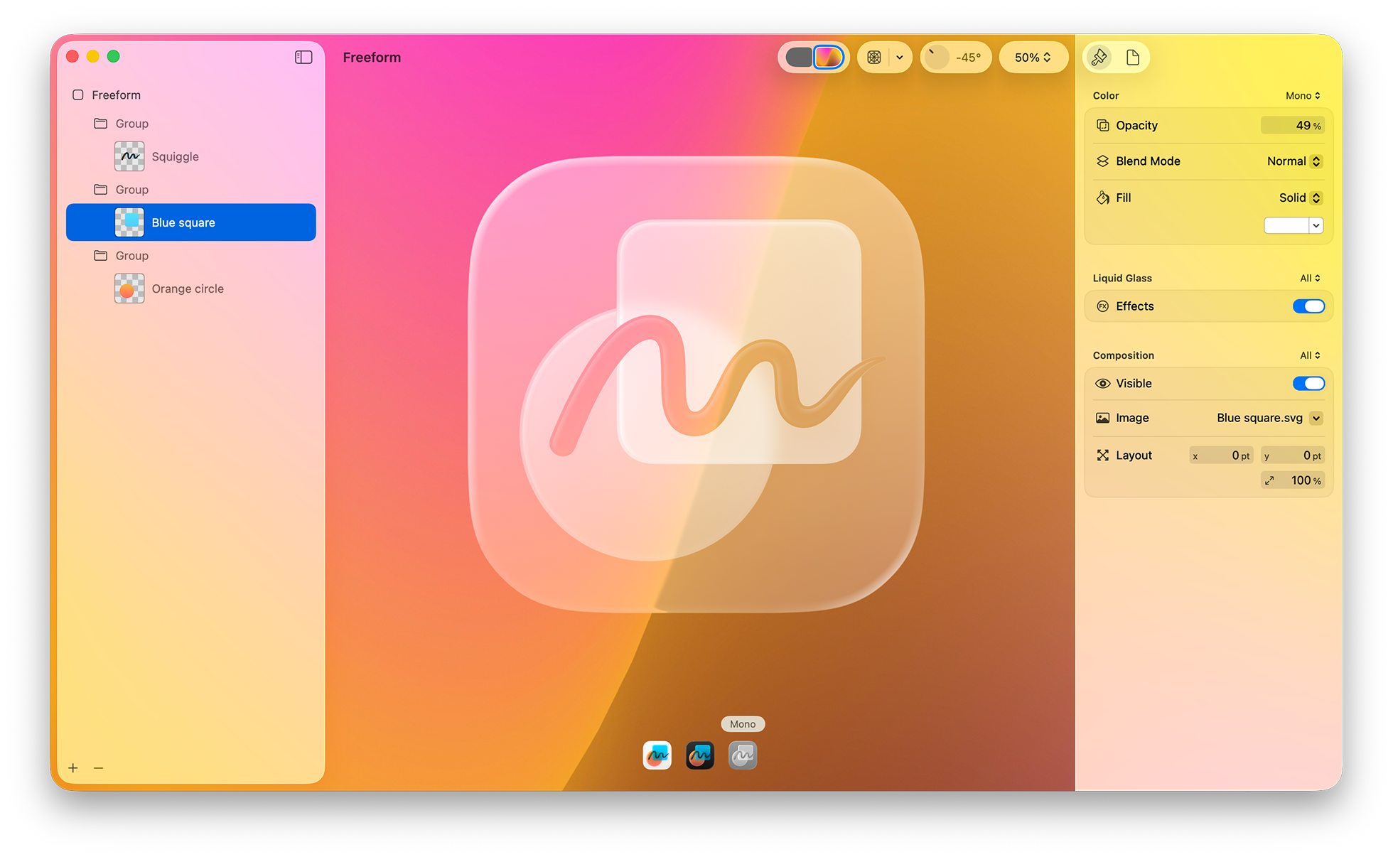 Mono theme preview showing the Icon Composer interface with monochrome styling
